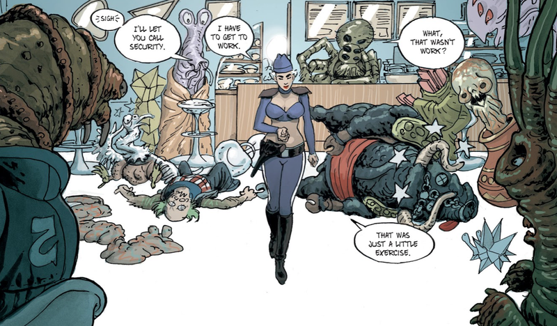 Yoko Keren dispatching a group of hostile aliens about the Infinity 8.